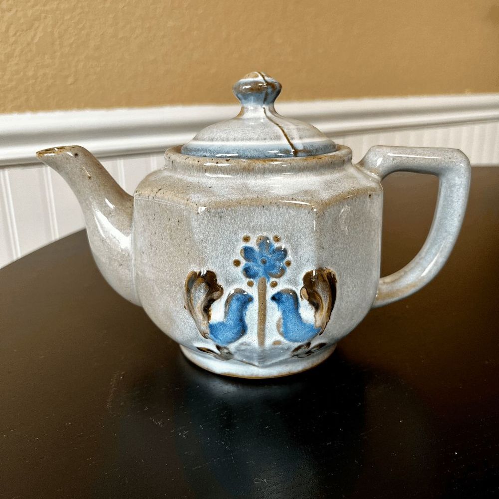 Japanese Stoneware Teapot RH Studio Blue Bird and Flower Vintage Folk Art